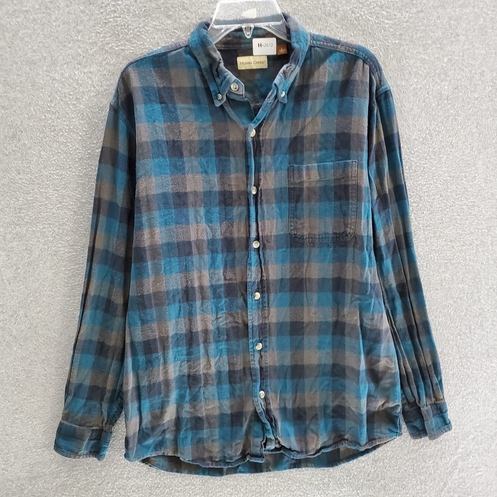 Hobbs Creek Men Button Up‎ Shirt Large Blue Plaid Flannel Long Sleeve Collar